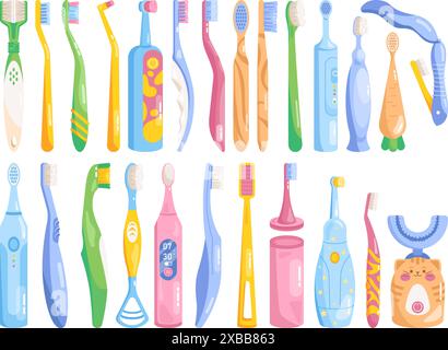 Zahnbürsten-Reinigungswerkzeuge. Verschiedene Zahnbürste isolierte flache bunte Symbole, Bambus oder elektrische Zahnbürste für Zahnpasta Zahn manuelle Dentalreinigung Swanky Vektor Illustration Stock Vektor