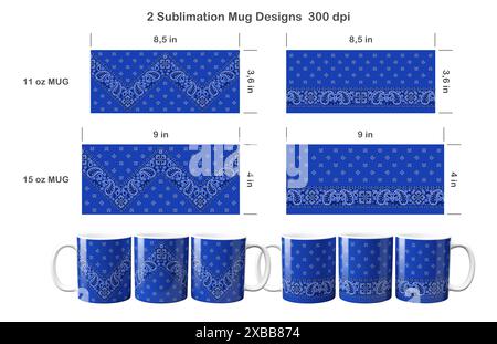 Set mit 2 blauen Paisley-Bandana-Mustern. Sublimationsschablonen für Kaffeetasse mit 11 ml und 15 ml Sublimationsdarstellung. Stockfoto