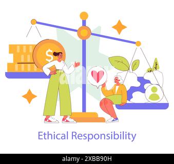 Das Konzept der ethischen Verantwortung. Ein ausgewogenes Verhältnis zwischen Gewinn und Fürsorge für Menschen und Planeten. Der wirtschaftliche Nutzen wird gegenüber dem Umweltschutz abgewogen. Vektorabbildung. Stock Vektor