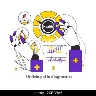 Technikgestütztes Gesundheitskonzept. Eine Illustration, die Roboter zeigt, die mit fortschrittlicher KI-Technologie in der medizinischen Diagnostik tätig sind. Zukunft des Gesundheitswesens mit Automatisierung und künstlicher Intelligenz. Vektorabbildung. Stock Vektor