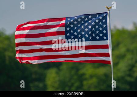 Amerikanische Flagge auf der Le Temps des Helices Air Show 2024 in La Ferte-Alais, Frankreich Stockfoto