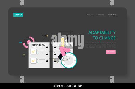 Soft-Skills-Konzept. Illustration zur Anpassungsfähigkeit mit einer Person in einem dynamischen Kalender mit Ziel und Bleistift, die strategische Anpassung widerspiegelt. Vektorabbildung. Stock Vektor