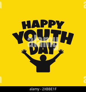 Typografie-Vorlage zum Happy Youth Day mit einem Selbstvertrauen-Boy-Symbol auf gelbem Hintergrund. Internationaler Jugendtag am 12. August. Jugendtagsbanner Stock Vektor