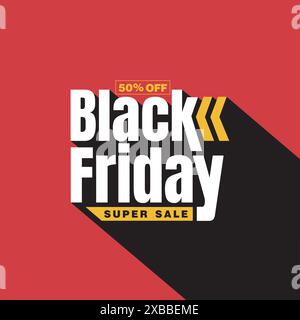 Black friday Sale Template Design. Super Sale 50 % Rabatt Etikett, Aufkleber, Abzeichen. Black friday modernes Typografiefanner, Poster, Flyer auf rotem Hintergrund Stock Vektor