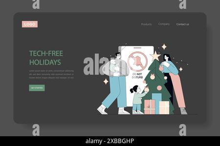 Digitales Detox-Konzept. Die Familie genießt eine technisch freie Weihnachtszeit, da sie die Verbindung zu den Geräten getrennt hat, um Zeit zu haben. Vektorabbildung. Stock Vektor