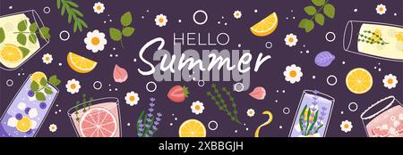 Farbenfrohes horizontales Banner für den Sommer mit Zitrus- und Beerengetränken, Minze- und Blumengarnituren, dunklem Hintergrund. Text Hello der Sommer ist umgeben von verstreuten Gänseblümchen, Blättern und Obstscheiben Stock Vektor