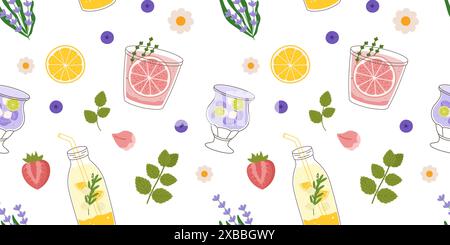Nahtloses Sommermuster, Getränke mit Zitrusfrüchten, Beeren und Kräutern. Das Design umfasst Elemente wie Zitronen, Erdbeeren, Minzblätter und Blumen, perfekt für saisonale Projekte und Dekorationen. Stock Vektor