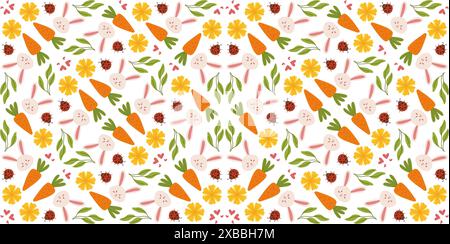 Frühlings-Ostern-Muster mit Blumen, Häschen und Karotten in einem niedlichen, handgezeichneten Vektor-Stil. Ideal für Textilien, Verpackungen und festliche Dekorationen. Stock Vektor