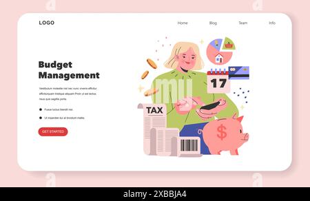 Budgetmanagement-Konzept. Eine Frau, die Geld spart, dargestellt mit einer Sparkasse, mit Budgetierungssymbolen und Steuerzeitreferenzen. Persönliche Finanzplanung. Vektorabbildung. Stock Vektor