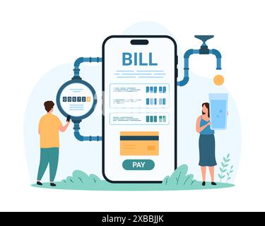 Zahlung für die Wasserversorgung über die mobile App. Winzige Leute überprüfen Wasserverbrauch im Rohrleitungssystem mit Zählerwerten, zahlen für Versorgungsrechnung mit Kreditkarte auf Telefon Bildschirm Cartoon Vektor Illustration Stock Vektor