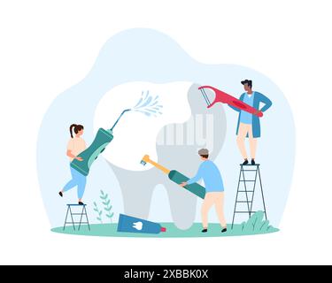 Professionelle Zahnhygiene in Klinik und Haushalt, zahnärztliche Untersuchung. Tiny People Zahnärzte reinigen Zahn mit elektrischer Zahnbürste und Wasserstrahl von der Irrigator, Zahnseide Karikaturvektor Illustration Stock Vektor