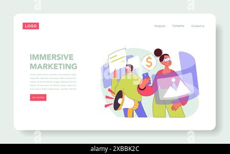Immersives Marketingkonzept. Interaktive Werbestrategien für Verbraucher. Erstellung digitaler Inhalte, virtuelle Erlebnisse, moderner Handel. Vektorabbildung. Stock Vektor