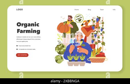 Konzept des ökologischen Landbaus. Menschen, die sich für eine nachhaltige Landwirtschaft mit frischen Produkten einsetzen und einen gesunden Lebensstil fördern. Vektorabbildung. Stock Vektor