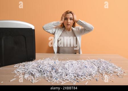 Alarmierte Erwachsene Frau mit geschreddertem Papier und Schredder, die neben Tisch auf orangem Hintergrund sitzt Stockfoto