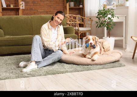 Hübsche junge Frau, die mit dem süßen australischen Schäferhund zu Hause spielt Stockfoto