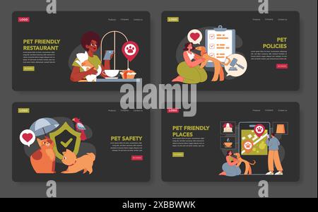 Haustierfreundliches Konzeptset. Illustrationen zeigen inklusiv genutzte Räume für Haustiere und ihre Besitzer. Tiere werden in Restaurants und Unterkünften willkommen geheißen. Vektorabbildung. Stock Vektor