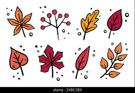 Herbstlaub gesetzt. Vektor-Blumenillustration im Doodle-Stil. Herbstkollektion. Stock Vektor