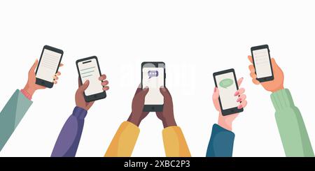 Handgriffe, die Smartphones halten, Draufsicht. Chat-Nachrichten-Benachrichtigungen, Mobiltelefon-Konzept. SMS-Blasen auf dem Bildschirm des Mobiltelefons. Menschen Stock Vektor
