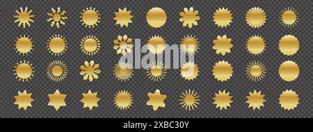 Goldene leere Aufkleber – Promo-Set. Kollektion aus flachem goldenem Starburst, Verkaufs- oder Preisschild, Qualitätssiegel, Retro-Rabattabzeichen 70er oder 80er Jahre, Sonnenstrahl Stock Vektor