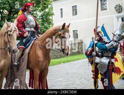 Schloss Červený Kameň, Slowakei - 25. Mai 2024: Menschen in mittelalterlichen Gewändern historische Nachstellung. Rekonstruktionen bieten wertvolle Einblicke in Stockfoto