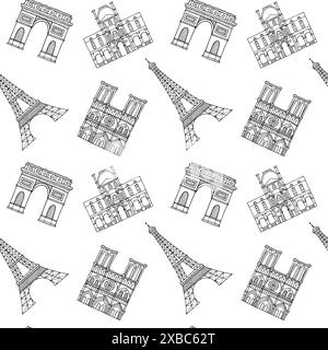 Nahtlose Pariser Architektur, Eiffelturm, Notre Dame, Triumphbogen im Doodle-Stil. Handgezeichnet mit schwarzer Tinte. Zeichnungen für Drucke, Textilien, Stock Vektor