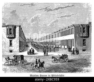 Dieser exquisite Schwarzweiß-Gravur aus dem 19. Jahrhundert zeigt den Madison Square in Philadelphia und erfasst die architektonische Pracht und Stadtplanung der Epoche. Das Kunstwerk veranschaulicht den belebten Platz mit seinen eleganten Gebäuden, komplizierten Fassaden und dem pulsierenden Leben der Stadt. Die detailreiche Handwerkskunst unterstreicht die neoklassischen und viktorianischen Einflüsse, die in der Architektur vorherrschen, und bietet einen Einblick in die historische und kulturelle Essenz Philadelphias während des 19. Jahrhunderts. Stockfoto