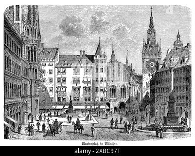 Dieser bezaubernde Schwarzweiß-Gravur aus dem 19. Jahrhundert zeigt den historischen Marienplatz in München, das geschäftige Herz der Stadt. Das Kunstwerk zeigt das berühmte neue Rathaus mit seiner raffinierten neogotischen Fassade und den hohen Türmen, die den Platz dominieren. Die Szene ist lebhaft mit Stadtbewohnern und Marktständen, die die lebhafte Atmosphäre des täglichen Lebens widerspiegeln. Die komplizierten Details des Stiches heben die architektonische Schönheit und historische Bedeutung des Marienplatzes hervor und bieten eine lebendige Momentaufnahme des reichen kulturellen und urbanen Erbes Münchens im 19. Jahrhundert Stockfoto