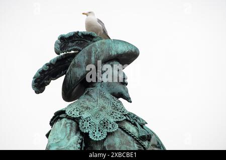 Möwe auf Statue von Gustaf II. Adolf von Bengt Erland Fogelberg, Göteborg, Vaestra Goetalands laen, Schweden Stockfoto