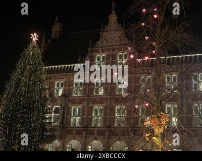 Nachtaufnahme eines reich geschmückten Weihnachtsbaums vor einem festlich beleuchteten historischen Gebäude, bocholt, Münsterland, Nordrhein-Westfalen Stockfoto