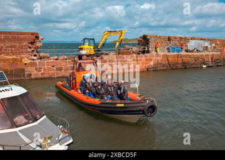 Reparatur der alten Mauer im Hafen von North Berwick, Schottland, Großbritannien. Der Hafen wurde bei den Winterstürmen 2023 beschädigt. Stockfoto