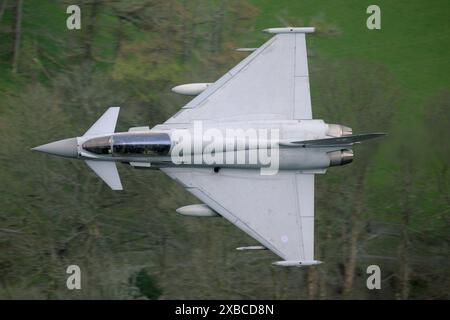 RAF Eurofighter (Taifun) niedrig in 250 m Höhe durch die Mach Loop, LFA7 Gebiet von Wales Stockfoto