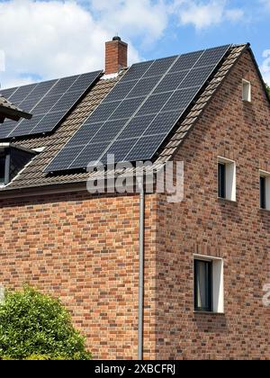 Solarzellen aus thermischer Solaranlage Sonnenkollektoren auf Hausdach für alternative Stromerzeugung Energieversorgung, Nordrhein-Westfalen, Deutschland Stockfoto