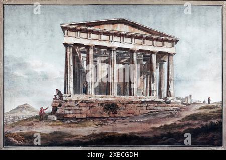 Historische Ansicht des Tempels des Hephaistos, Farbstich aus dem 19. Jahrhundert, Agora Museum in der Stoa von Attalos, Athen, Griechenland Stockfoto