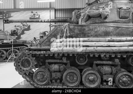 Bovington.Dorset.Vereinigtes Königreich.25. Februar 2024.der Sherman M4A2 Panzer aus dem Film (Fury) ist im Tank Museum in Dorset zu sehen Stockfoto