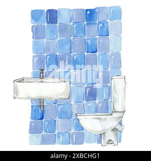 Toilette mit blauen Fliesen, Waschbecken und Toilette, in Aquarell gezeichnet für Verpackung und Design Stockfoto