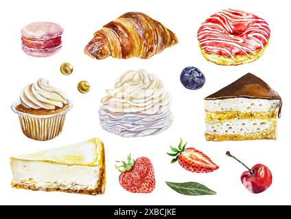 Kuchen-Set. Croissant, Donut, Muffin, Meringue, Käsekuchen, Beeren. Aquarellabbildung isoliert auf weißem Hintergrund Karten, Menüs, Poster, Etiketten Stockfoto