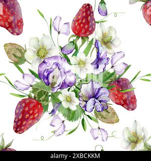 Süße Erbsenblüten in einem Blumenstrauß, Muster mit Knospen und Laub, Erdbeerblüten, nahtloses Bild Stockfoto