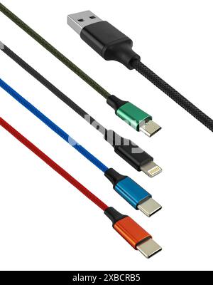 Micro-USB-, Lightning- und Typ-C-Kabel, auf weißem Hintergrund in Isolierung Stockfoto