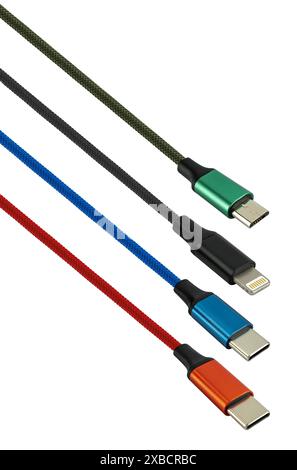 Micro-USB-, Lightning- und Typ-C-Kabel, auf weißem Hintergrund in Isolierung Stockfoto