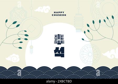 Happy Chuseok Festival Banner. Koreanische Hangawi-Grußkarte. Korea Thanksgiving Day-Poster. Moon Cake Herbsternte orientalisches Ereignis. Koreanische Textübersetzung: Chuseok. Eps Stock Vektor