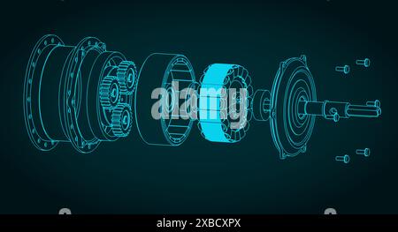Stilisierte Vektordarstellung eines isometrischen Entwurfs einer Demontage eines Radnabenmotors Stock Vektor