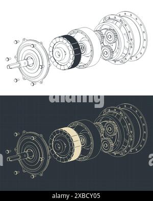 Stilisierte Vektordarstellung isometrischer Baupläne für die Demontage eines Radnabenmotors Stock Vektor