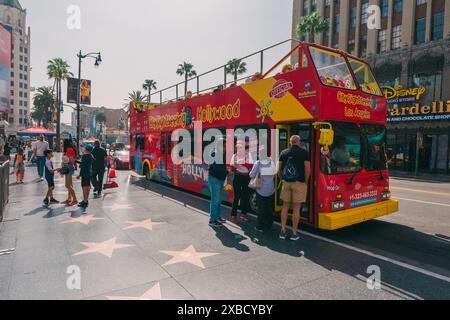 Hollywood, Kalifornien, USA - 26. April 2023. Bustouren mit Panoramablick beginnen am Hollywood Boulevard Stockfoto