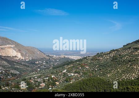 Malerischer Blick auf die Stadt Jaén, eingebettet zwischen Olivenhainen von den Bergen, zeigt die natürliche Schönheit und die ruhige Landschaft Spaniens. Stockfoto