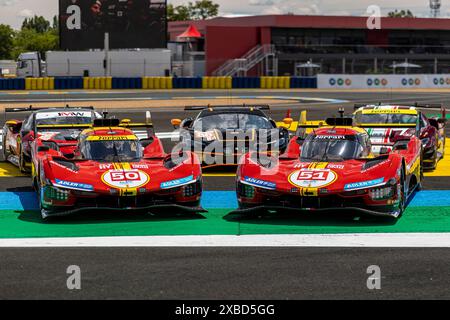 Le Mans, Frankreich, Juni 11 2024#50 Ferrari AF Corse (ITA) Ferrari 499P (HY) - Antonio Fuoco (ITA) / Miguel Molina (ESP) / Nicklas Nielsen (DNK) - #51 Ferrari AF Corse (ITA) Ferrari 499P (HY) - Alessandro Pier Guidi (ITA) / James Calado (GBR) / Antonio Giovinazzi (ITA) während der 92 Le Mans 24 Stunden, 4. Runde der FIA WEC 2024 Langstrecken-Weltmeisterschaft, Ambiance Circuit, Circuit des 24H du Mans, 11. Juni 2024 in Le Mans, Frankreich. Foto Kristof Vermeulen/MPS Agentur Credit MPS Agentur/Alamy Live News Stockfoto