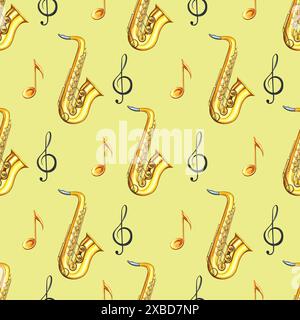 Musikalisches nahtloses Muster mit Saxophonen und Noten. Die Aquarellabbildung wird von Hand erstellt. Auf gelbem Hintergrund. Für Textilien, Verpackungspapier Stockfoto