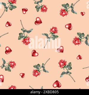 Nahtloses Muster mit roten Rosen und Herzen. Handgefertigte Aquarellillustration. Auf rosafarbenem Hintergrund. Für Verpackungen und Textilien, Geschenkpapier, Serapki Stockfoto
