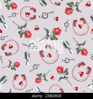 Musikalisch romantisches nahtloses Muster mit roten Kopfhörern, Mikrofonen und Rosen. Die Aquarellabbildung wird von Hand erstellt. Auf einem grau-violetten Hintergru Stockfoto