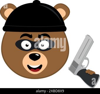 Vektor-Illustration Gesicht brauner Bär Grizzly Cartoon, mit einem Hut, einer Dieb Maske und einer Waffe in der Hand Stock Vektor