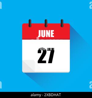 Symbol für Vektorkalender. Juni: 27. Juni. Rote und weiße Farben. Blauer Hintergrund. Stock Vektor